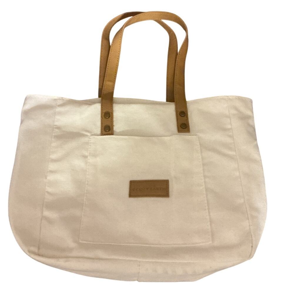 Cozy Earth Cream Canvas Tote Bag Tan Handles Minimalist Everyday Carryall - Picture 2 of 8